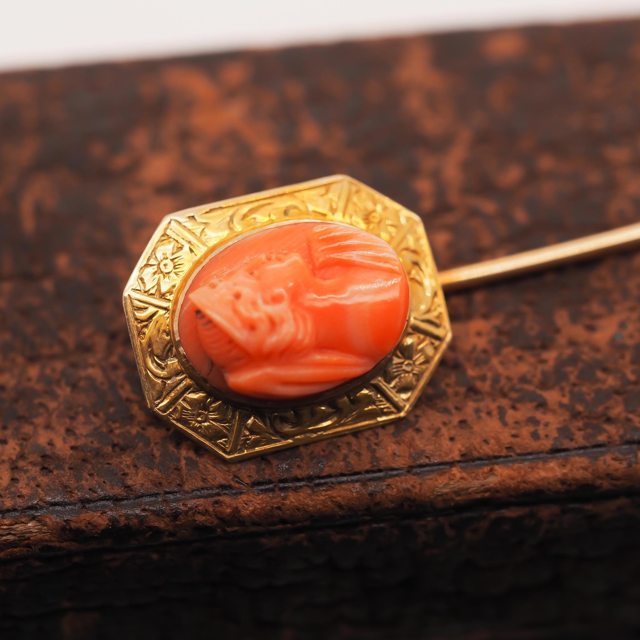 Circa 1900s 14k Yellow Gold Coral Stick Pin - VHK#745