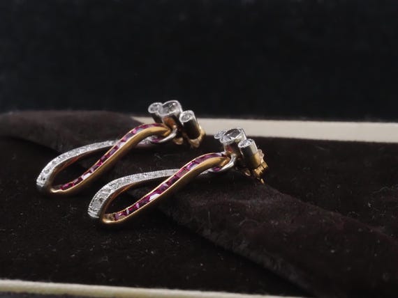 Edwardian Ruby and Diamond Drop Earrings in Gold … - image 3