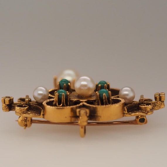 1950s 14k Yellow Gold Pearl and Turquoise Brooch … - image 10