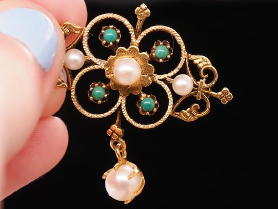 1950s 14k Yellow Gold Pearl and Turquoise Brooch … - image 3
