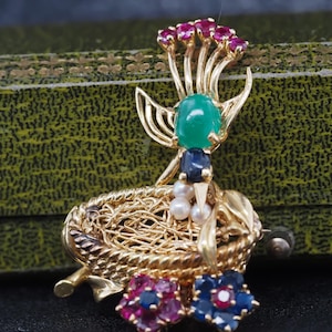 Vintage Saks Fifth Avenue Emerald Ruby and Sapphire Bird in Nest Brooch