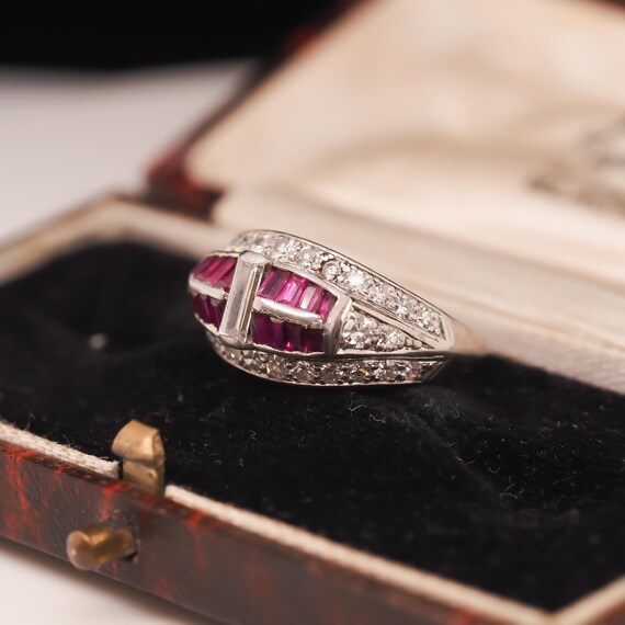 Art Deco Platinum Ruby and Baguette Diamond Ring … - image 8