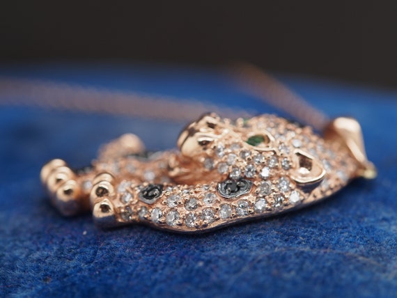 14K Rose Gold Diamond and Emerald Panther Pendant… - image 7