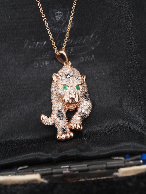 14K Rose Gold Diamond and Emerald Panther Pendant… - image 8