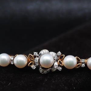 Vintage 14k Yellow Gold Diamond and Pearl Bracelet - VHK#883