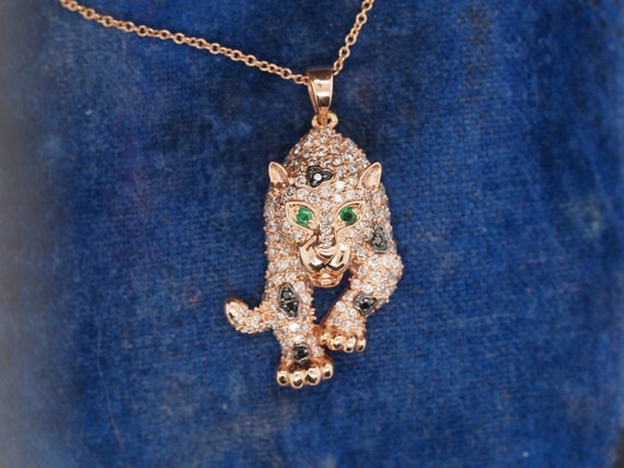 14K Rose Gold Diamond and Emerald Panther Pendant… - image 1