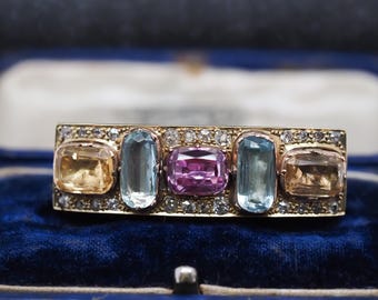 1850s 14k Yellow Gold Hair Pin and Brooch With Aquamarine Citrine and Tourmaline - VHK#903