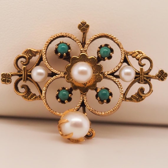 1950s 14k Yellow Gold Pearl and Turquoise Brooch … - image 2