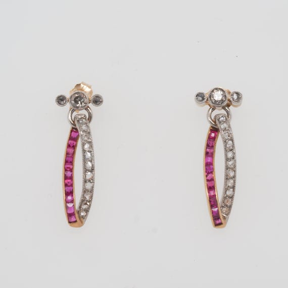 Edwardian Ruby and Diamond Drop Earrings in Gold … - image 2