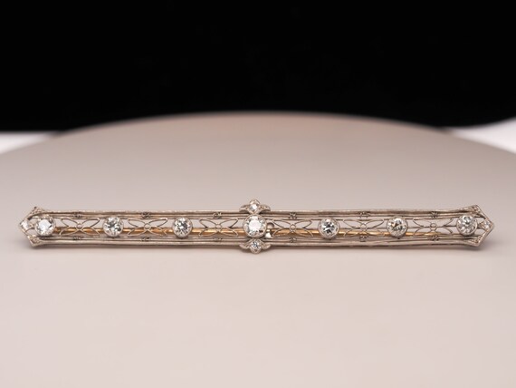 Circa 1920s Platinum and 14K Gold Long Bar Pin wi… - image 5