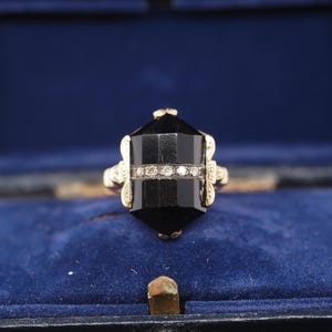 Circa 1920s Art Deco 14k Yellow Gold Diamond and Onyx Ring
