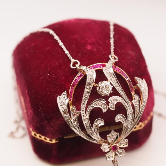 Platinum Edwardian Pearl, Ruby and Diamond Pendan… - image 7