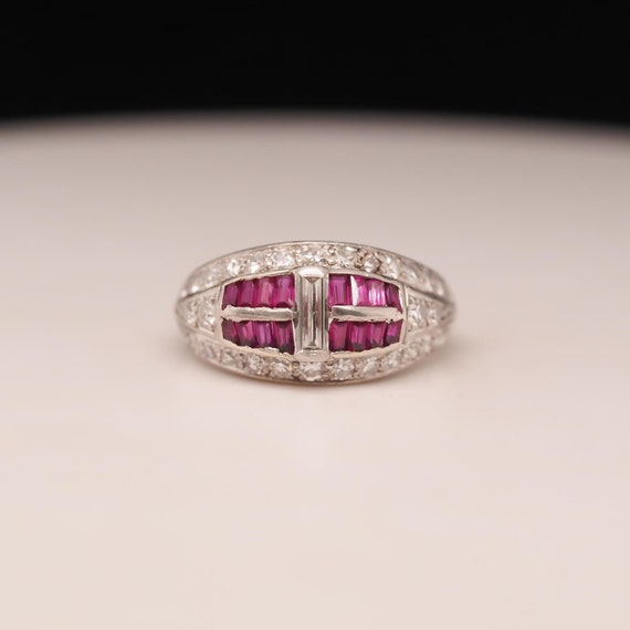 Art Deco Platinum Ruby and Baguette Diamond Ring … - image 1