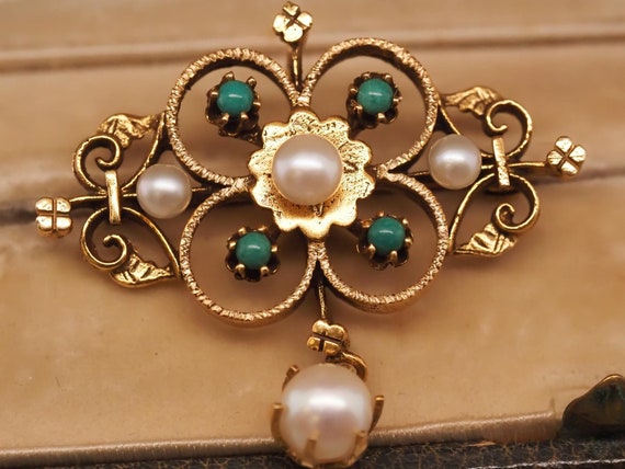 1950s 14k Yellow Gold Pearl and Turquoise Brooch … - image 9