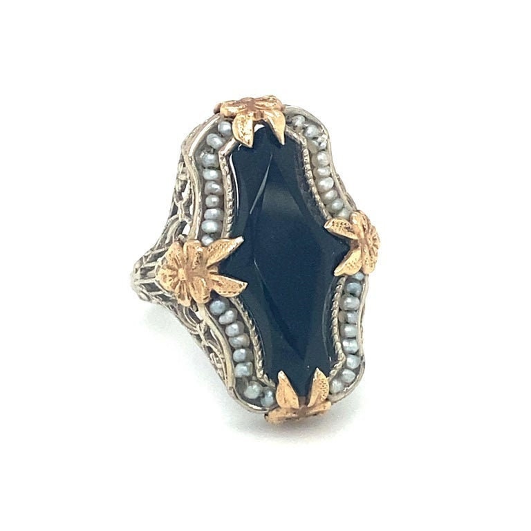 Circa 1920s Art Deco Onyx and Pearl Ring in Two Tone 14K Gold - VHK#125