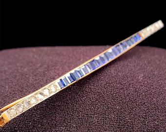 Circa 1920s Art Deco 18K Yellow Gold & Platinum Sapphire and Diamond Bar Pin - VHK#77
