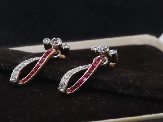 Edwardian Ruby and Diamond Drop Earrings in Gold … - image 7