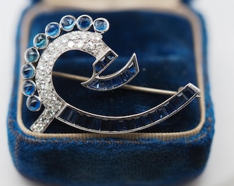 1920s Art Deco Platinum Sapphire and Diamond Brooch - VHK#771