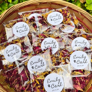 48 Personalized Stickers Wedding Confetti Throws • Red rose & Marigold • DIY KIT, you fill the bags! 100% Biodegradable • Black+White •