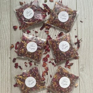 50 WHITE Wedding Confetti Throws • Red rose & Marigold • DIY KIT, you fill the bags! 100% Biodegradable. Polka dot bags.