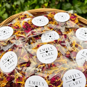 24 Personalized Stickers Wedding Confetti Throws • Red rose & Marigold • DIY KIT, you fill the bags! 100% Biodegradable • Black+White • 2L •