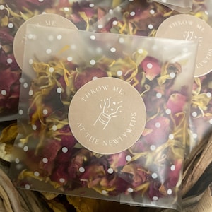 75 Wedding Confetti Throws • Red rose & Marigold • DIY KIT, you fill the bags! 100% Biodegradable • polka dot bags • BROWN •