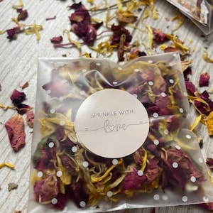 50 Blush Pink Wedding Confetti Throws • Red rose & Marigold • DIY KIT, you fill the bags! 100% Biodegradable. Polka dot bags.