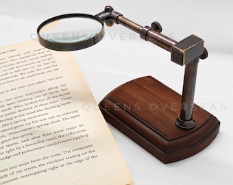 Antique Brass Adjustable Magnifying Glass with Wood Base