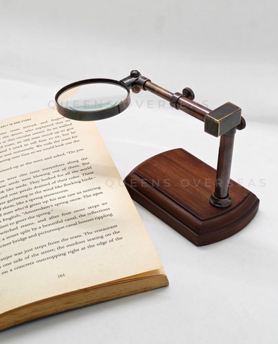 Antique Brass Adjustable Magnifying Glass with Wood Base