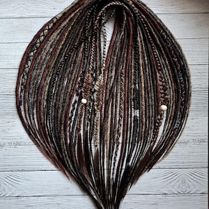 Synthetic dreads set with braids color shades: black blonde brown red mixed handmade 21/22 inch extensions decorated in viking style.