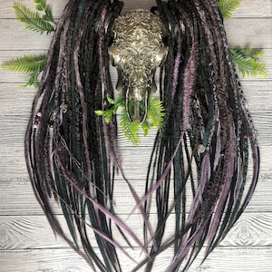 Viking dreadlocks crochet soft locs wool dreads and fishtail braids decorated with yarn jewels and pearls dark brown purple lilac and blu