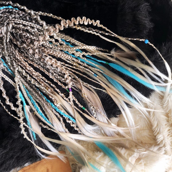 Boho viking ash light blonde fishtail braids with feathers beads and jewels blue accent smooth ends DE synthetic hair extensions 21/22 inch