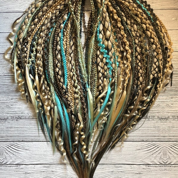 vikings dreadlocks blonde curly dreads brown boho pagan braids fairy locks with blue accent double ended synthetic 21/22 inches extensions