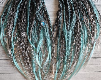 Synthetic dread ombre grey set crochet boho locks with blu faded decorated accent braids 21/22 inches winter locs