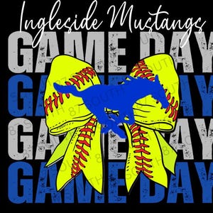 May include: A yellow and red softball bow with a blue silhouette of a running horse in the center. The text "Ingleside Mustangs GAME DAY" is in the background.