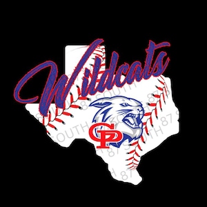 May include: A white outline of the state of Texas with a baseball design inside. The baseball has red stitching and the words "Wildcats" in blue and red lettering. A blue and red mascot of a wildcat is in the center of the baseball.