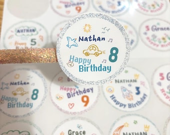 Custom Birthday Name Stickers |  2", 2.5", 3" | Matte, Glossy, Weatherproof |  Party Favor Stickers