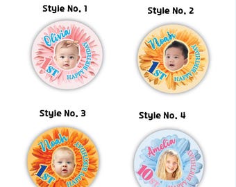 Custom Flower Face Birthday Stickers – Personalized Kids or Pet Photo Labels | Glossy or Waterproof | 1st Birthday Favor | Sunflower Style