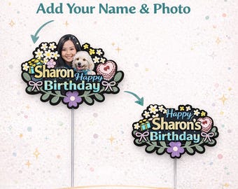 Personalized Birthday Cake Topper with Photo & Name, Custom Floral Party Decoration