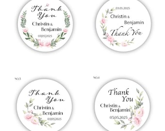 Custom Wedding Thank You Stickers – Floral Design, Personalized with Names and Date