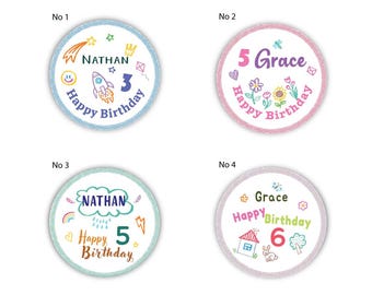 Custom Birthday Name Stickers |  2", 2.5", 3" | Matte, Glossy, Weatherproof |  Party Favor Stickers