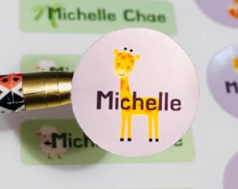 Custom Name Label Sticker Set – 40 Personalized Labels in 4 Sizes | Giraffe & Color Icons