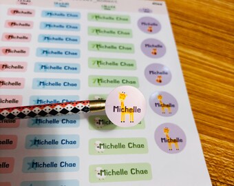 Custom Name Label Sticker Set – 40 Personalized Labels in 4 Sizes | Giraffe & Color Icons