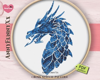 Blue dragon Cross stitch pattern PDF Fantasy magic dragons needlepoint embroidery design Digital download