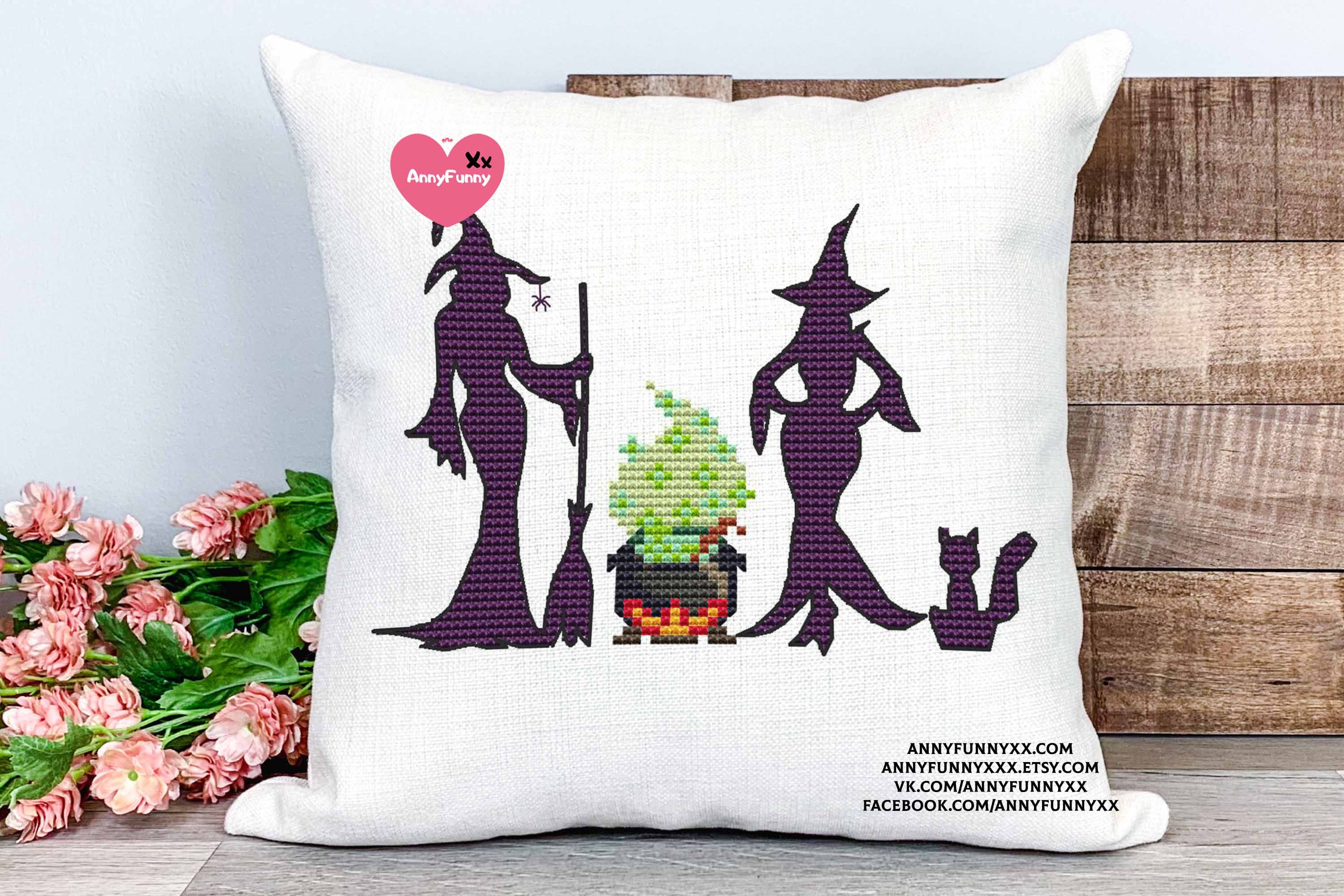 Witch With Cat Halloween Cross Stitch Pattern PDF, Witches Embroidery ...