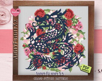 Chinese dragon cross stitch pattern Silhouette Fantasy magic dragons Needlepoint embroidery design Dungeon DIY gift dad Gifts for boyfriend