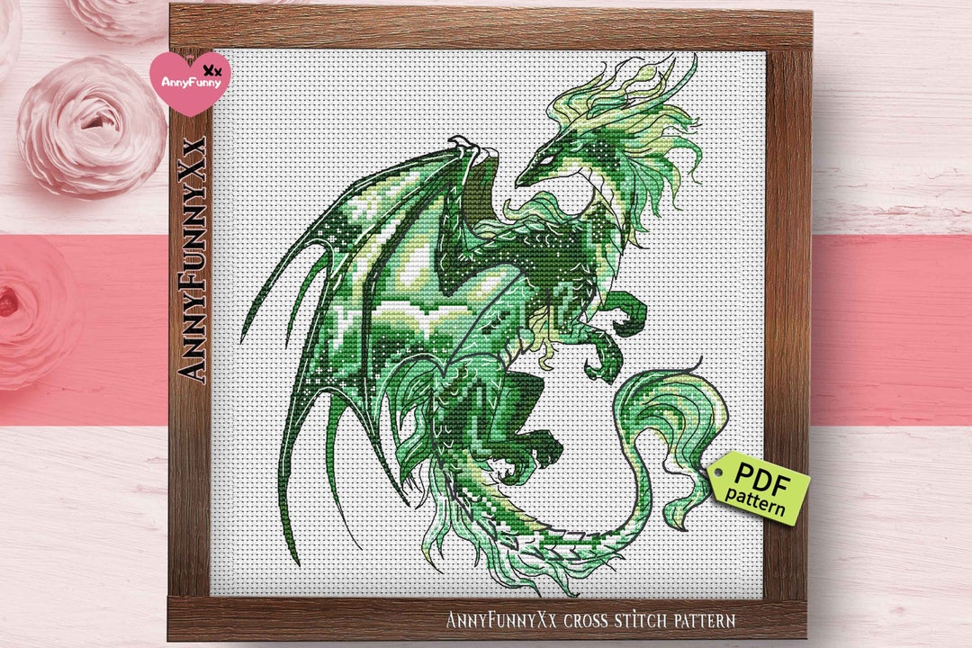 Dragon Cross Stitch Pattern PDF Young Emerald Green Dragons Needlepoint ...