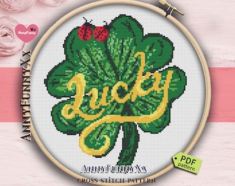Ladybug with Four leaf lucky Shamrock Cross stitch pattern PDF Irish clover St patrick's day cross-stitch 4-leaf clover needlepoint design