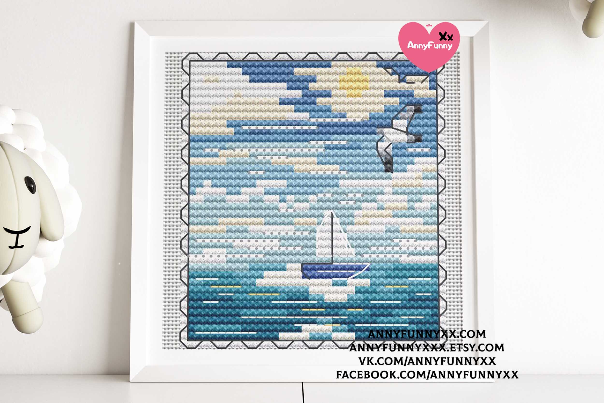 Blue Ocean Cross Stitch Pattern Traveling Seawater Boat Postage Stamp ...