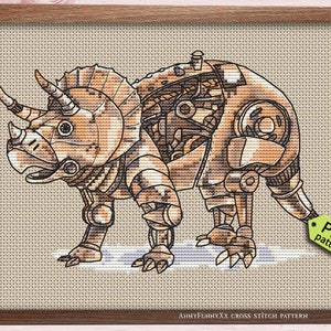 STEAMPUNK Triceratops Dinosaur Kreuzstich Stickmuster PDF Steampunk Drache Triceraptors für Jungen Dino Dinosaurier Stickdatei fantasie Dinos
